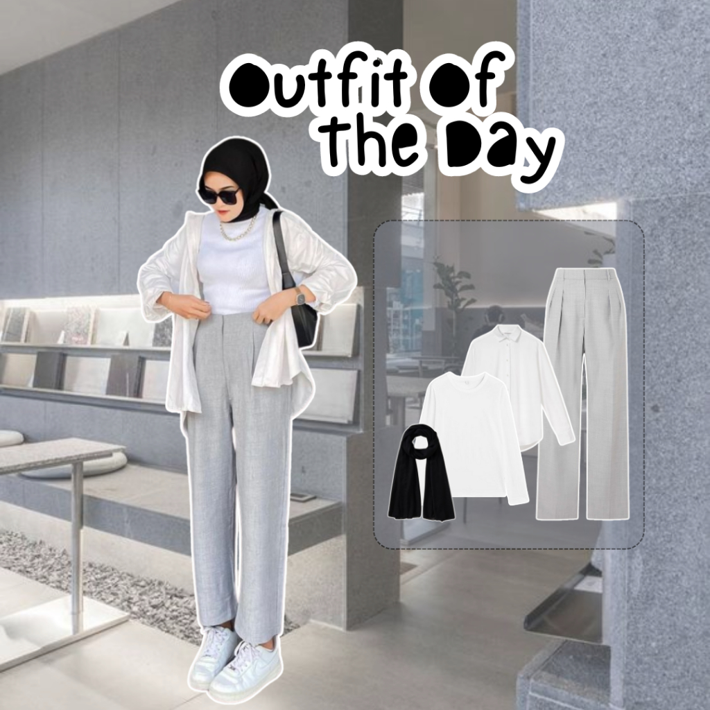 One Set Korean Style Wanita Hijab Kekinian OOTD Hijab Stylish Outfit Kampus Nongkrong Hangout Outfit