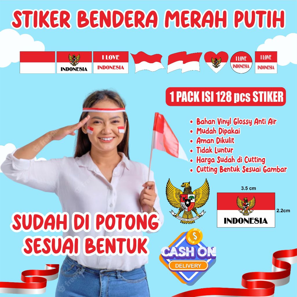 

STIKER PIPI BENDERA MERAH PUTIH PER LEMBAR ISI 128 PCS / STIKER PIPI Paper SUDAH DI POTONG SESUAI GAMBAR