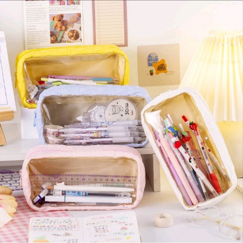 

KIANDAA Tempat pensil aesthetic kapasitas besar bahan kanvas pastel color pencil case transparan pouch transparant cute pencils bag minimalis cod makassar