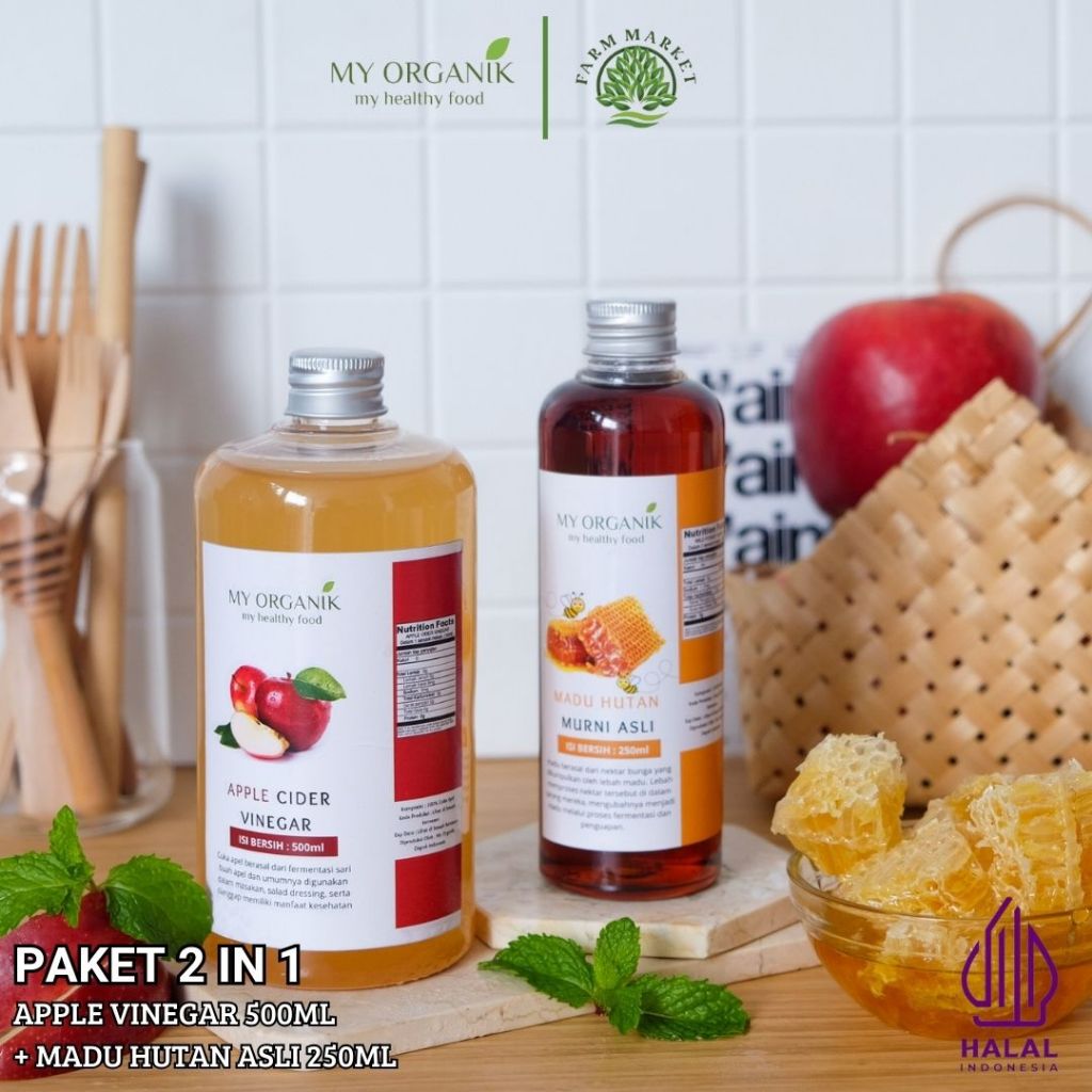 

My Organik Paket 2 in 1 Cuka Apel Original Organik Apple cider Vinegar With Mother 500ml Madu 250ml