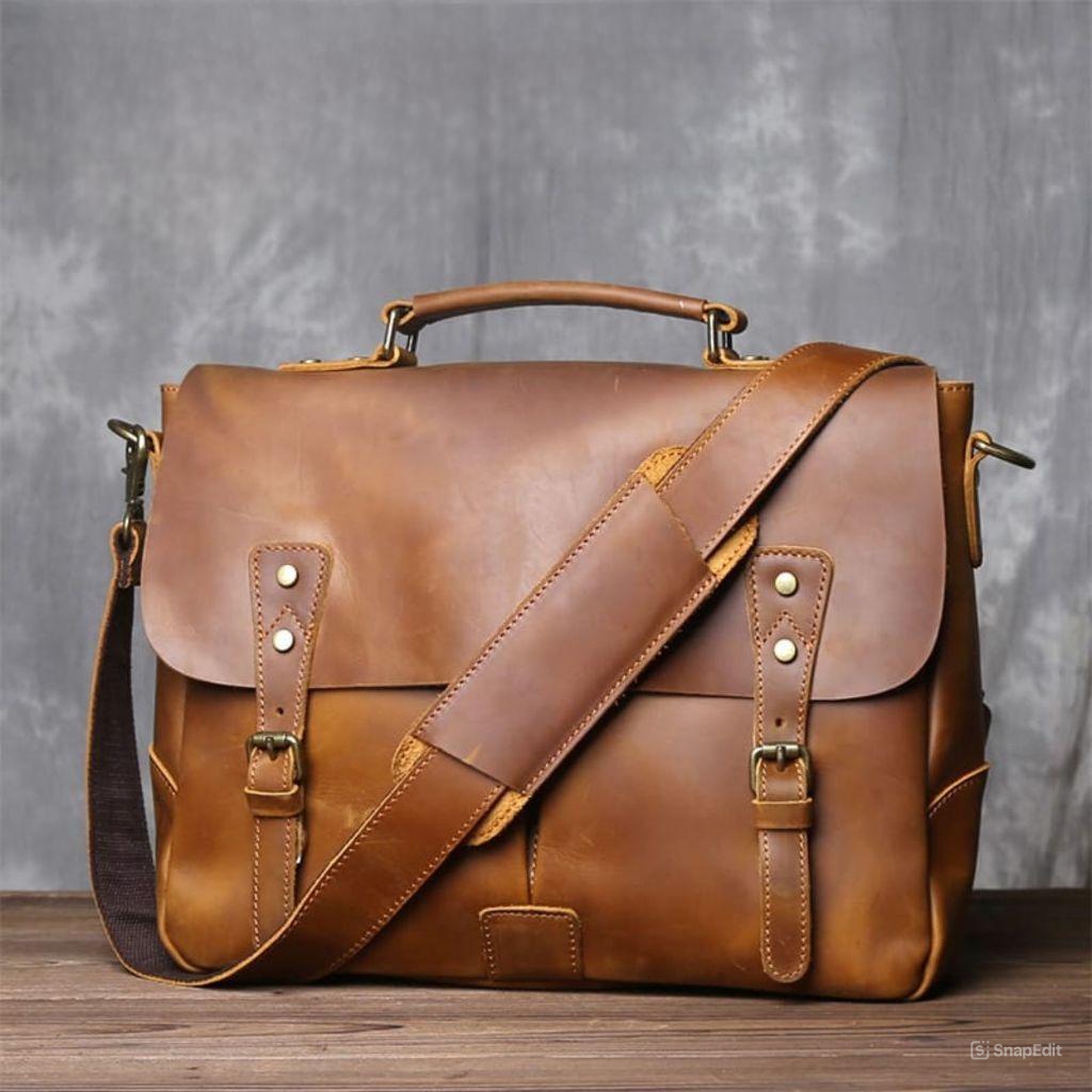 Tas Tangan Pria Kulit Asli Retro  - Tas Laptop Bahu Kasual Pria Kulit Asli Crazy Horse