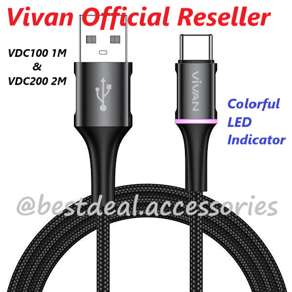 Vivan VDC100 1M / VDC200 2M USB-C Data Cable 3A LED Light Type-C