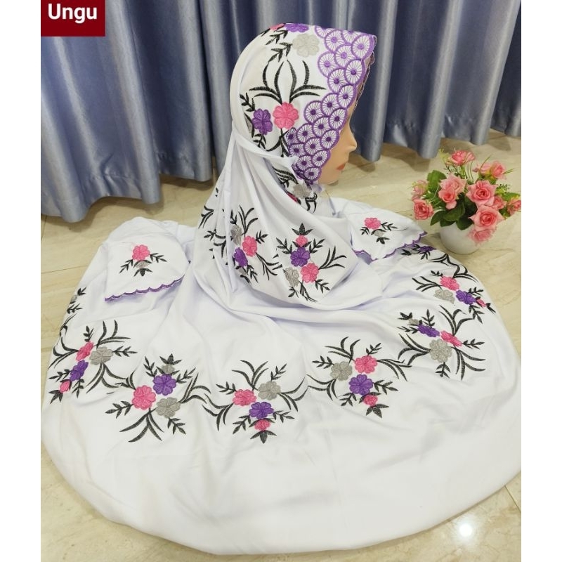 Mukena Polino Dewasa Terusan Motif Bordir Bunga pansy Indah