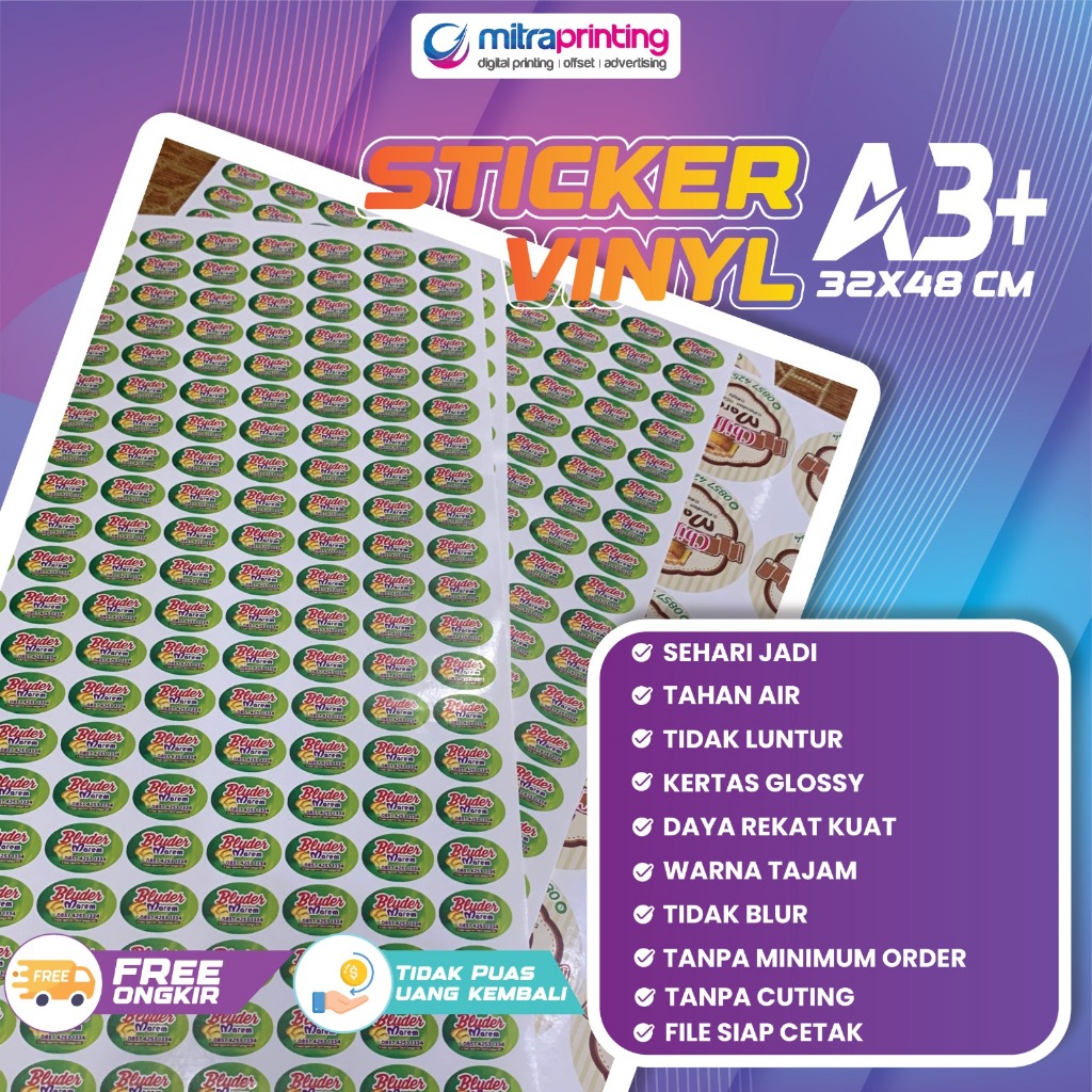 

Cetak Stiker Vinil A3+ / Stiker Vinyl Glossy / Stiker Vinyl Doff / Stiker Transparant
