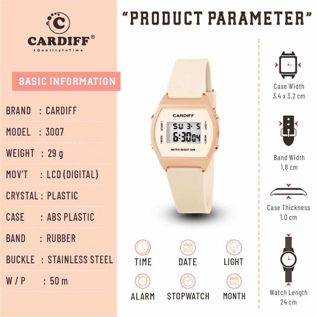 CARDIFF Jam Tangan LCD Karet 3007 | Pria Wanita | Tahan Air | 5ATM