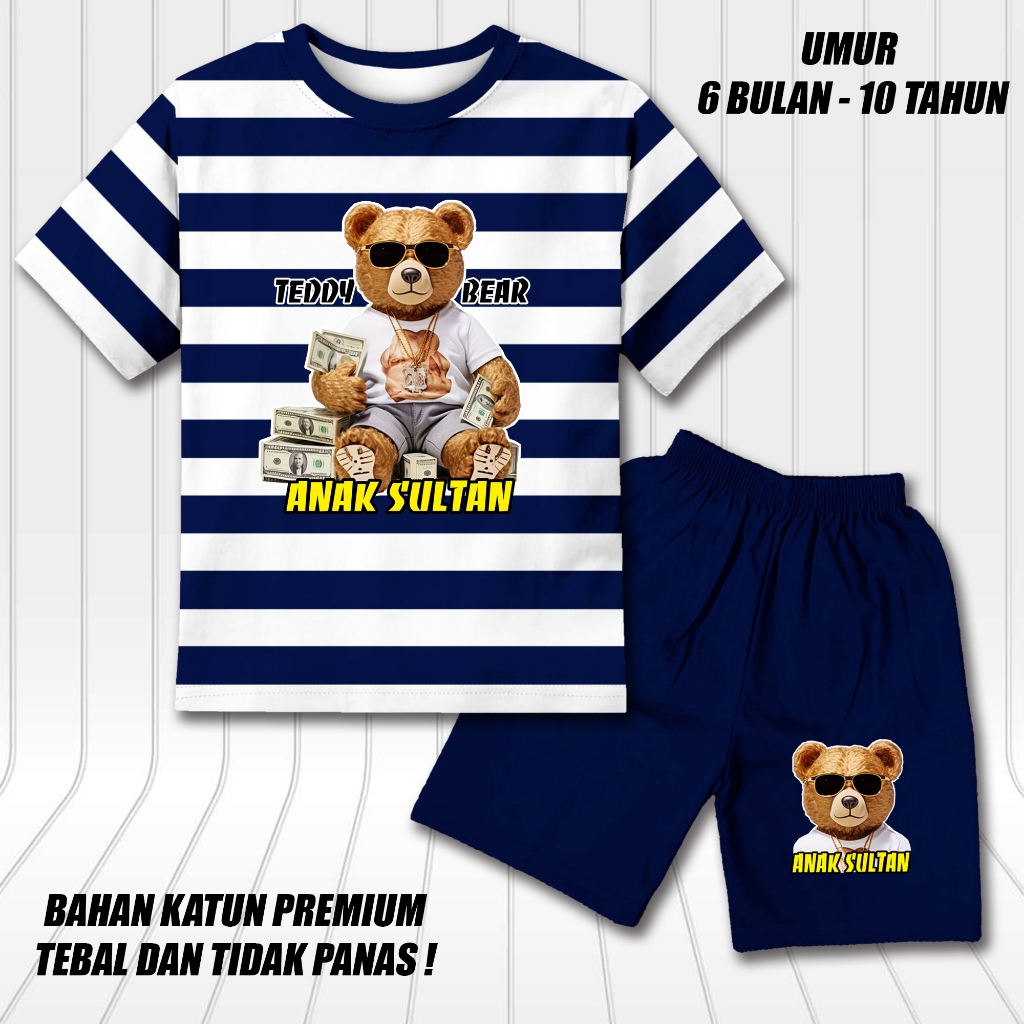 setelan salur lengan pendek anak laki laki perempuan set baju kaos pendek anak cowok motif beruang a
