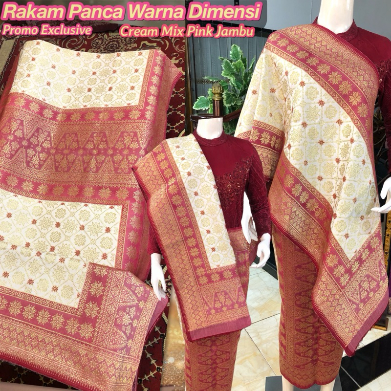 Songket Rakam Panca Warna Dimensi Promo/ Cream Mix Pink Jambu songket tenun asli palembang /ilham so