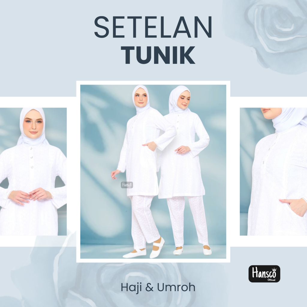 Baju Setelan Tunik Haji Umroh Wanita Dewasa Putih Elegan Ringan Bahan Katun | Hansco