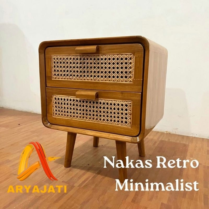 Meja Nakas Laci 2 Rotan Bedside table Rattan Side Table Rattan Kayu Jati Jepara