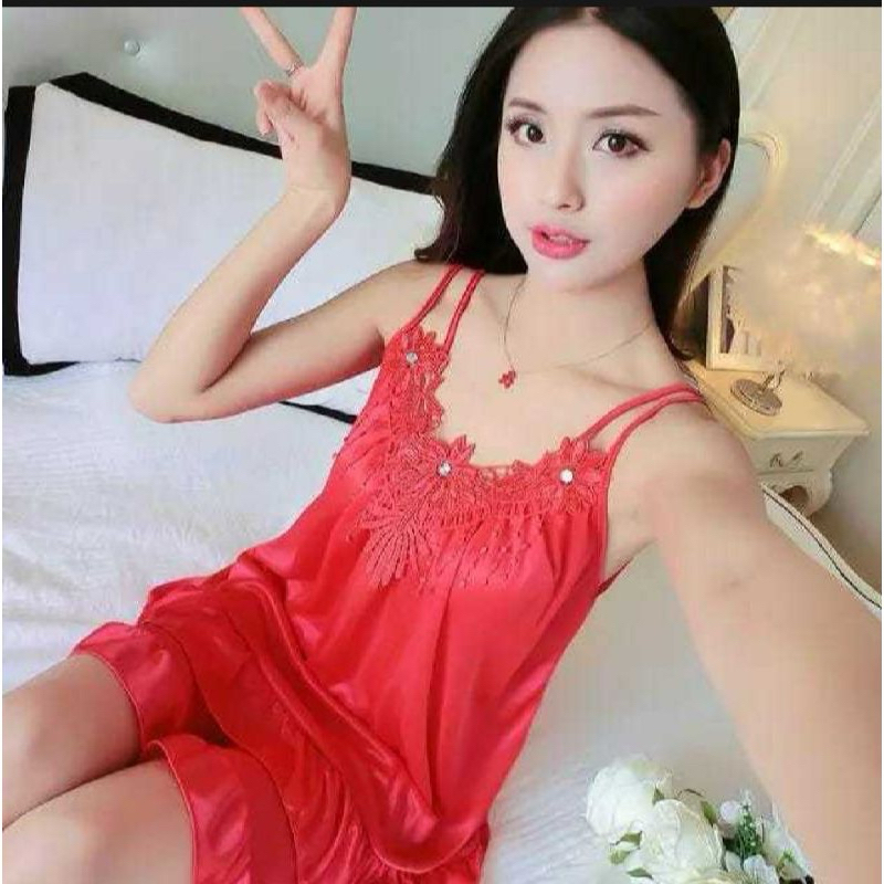 setelan baju tidur satin model tali dua set piyama satin sexy set lingerie satin mutiara