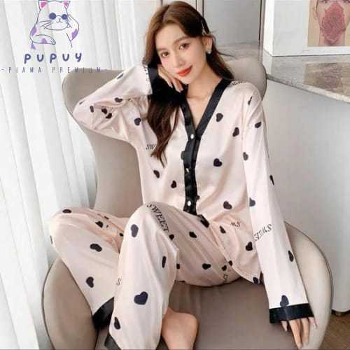 Piyama Premium Sutra Lembut Baju Tidur Populer Claudia Wanita Remaja Dewasa Korea Kancing DepanBahan