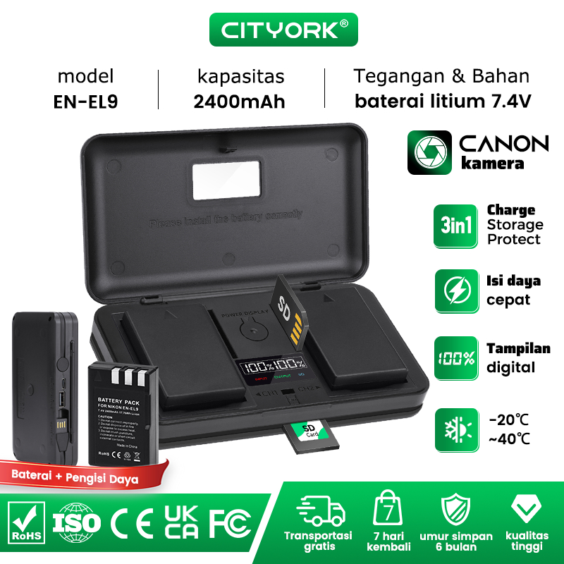 Cityork EN-EL9 EN-EL9 ENEL9 EN EL9 EL9 Baterai Kamera + 3in1 LCD Pengisi Daya Ganda untuk Camera Nik