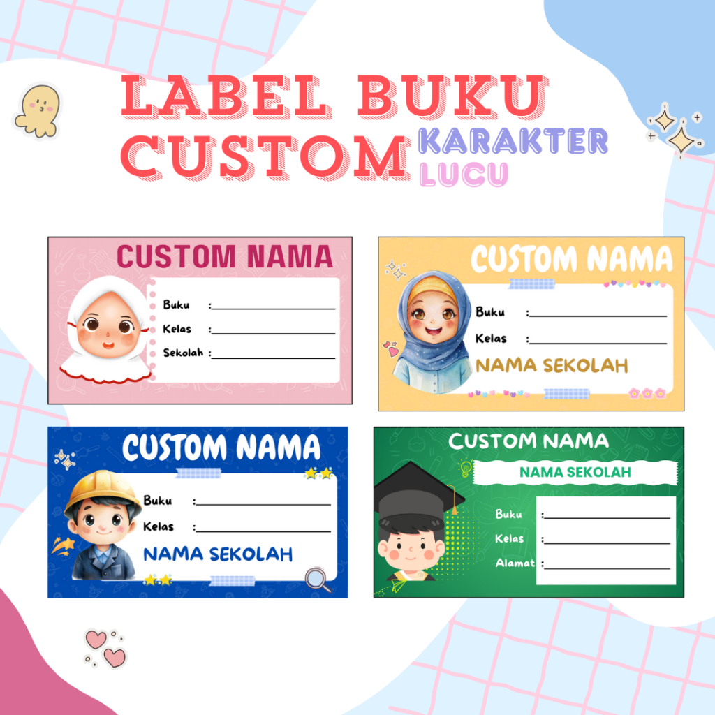 

44 Pcs Stiker Label Nama Buku - Stiker Label Nama Buku Pelajaran - Stiker Karakter Aesthetic