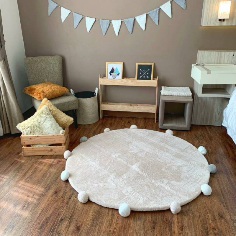 Kazliving - Soft Fur Round Rug Pompom | Karpet Bulu Bulat Karakter untuk Anak