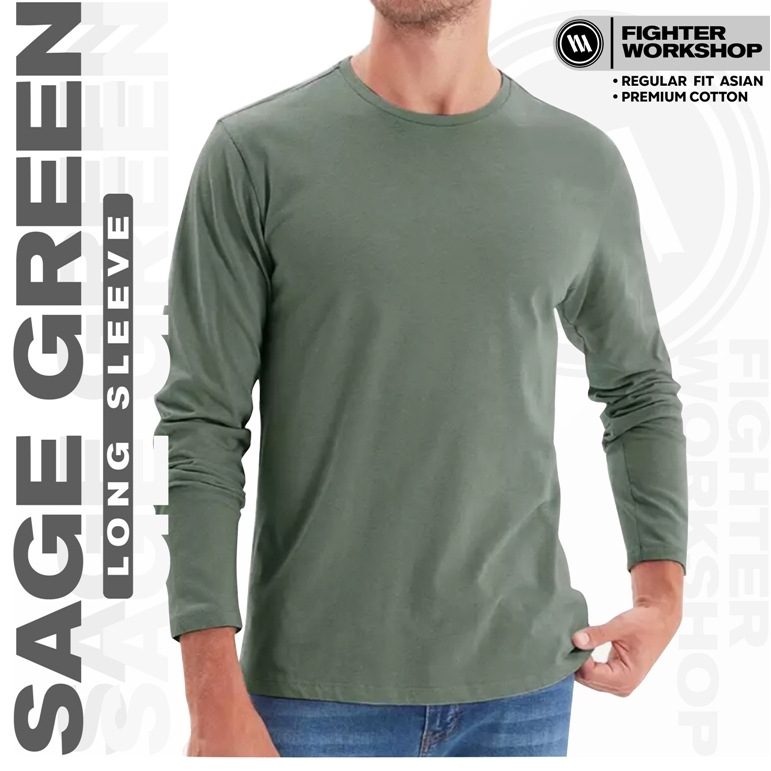 Kaos Polos 30s Lengan Panjang Sage Green Fighter Workshop