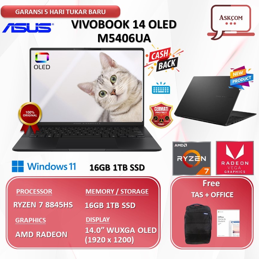 ASUS VIVOBOOK 14 OLED M5406UA RYZEN 7 8845HS 16GB 512GB W11+OHS 14.0WUXGA OLED752