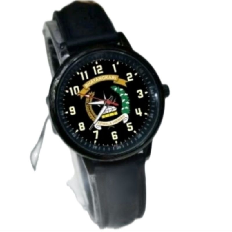 Jam tangan analog wanita logo BHAYANGKARI persit tali kulit hitam water resistan