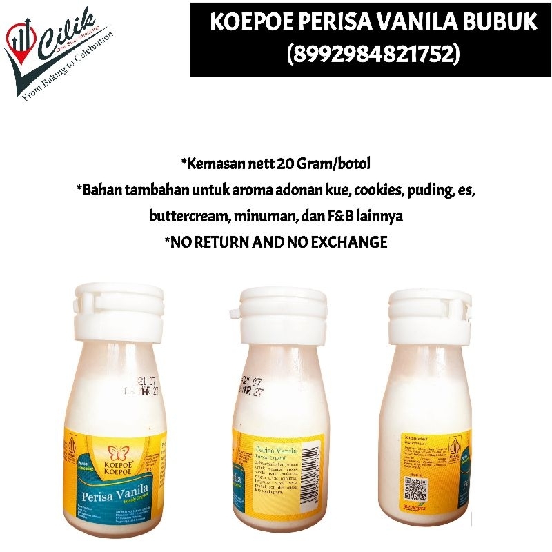 

koepoe merk kupu perisa vanily vanila vanilla bubuk tepung harum aroma campuran bahan pangan food grade makanan minuman kue bolu cake dessert es snack gorengan makanan