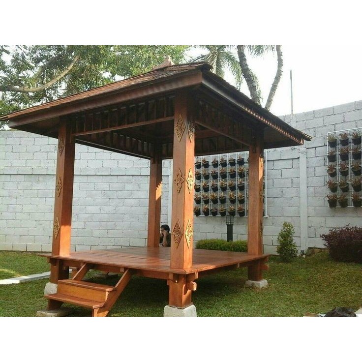 Gazebo Taman Kayu Jati Motif Saung Bali |Atap Sirap Kayu Ulin | Bale Bengong Kayu Jati