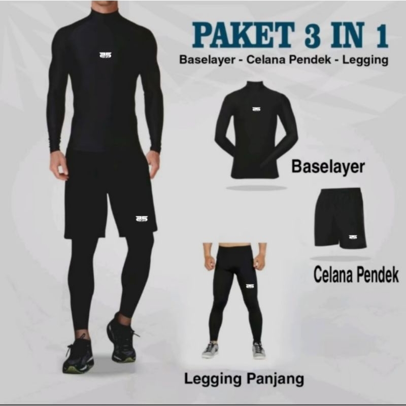 Baju olahraga pria wanita stelan manset badan lengan panjang leging laging sport celana pendek kolor
