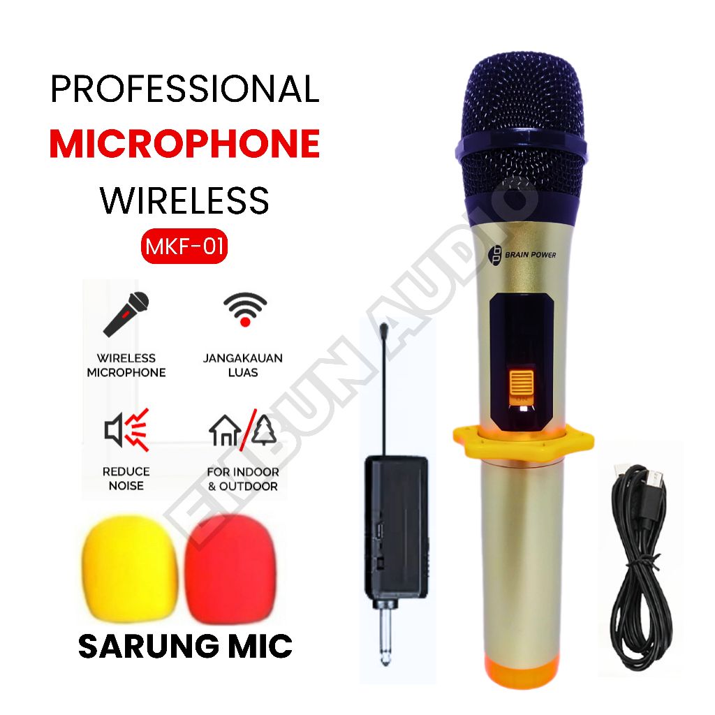Mic Single Karaoke MKF-01 Mic Tanpa Kabel Bonus Sarung Mic Professional Karaoke Brain Power Recharge