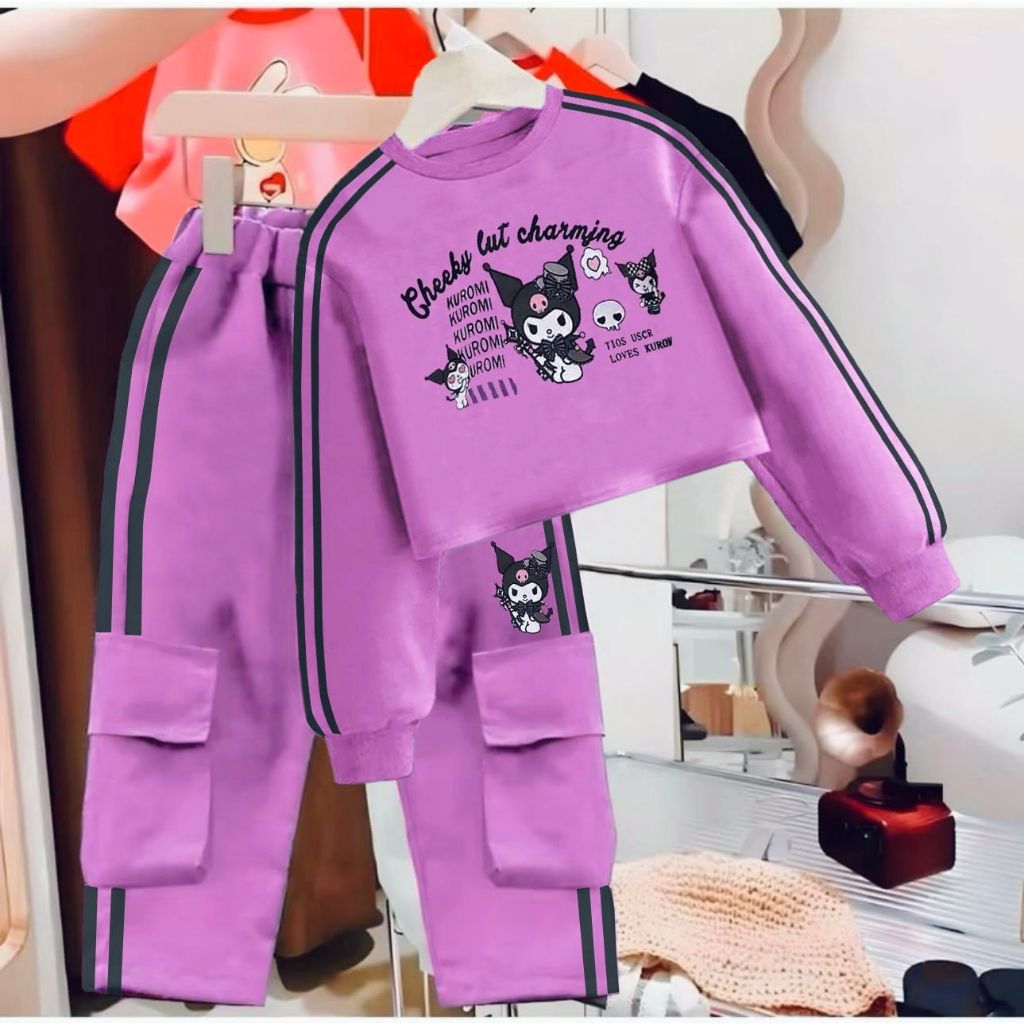 COD SETELAN CROP TOP KUROMI ANAK PEREMPUAN TERBARU/SETELAN CARCO CROP KUROMI 1-10 TAHUN