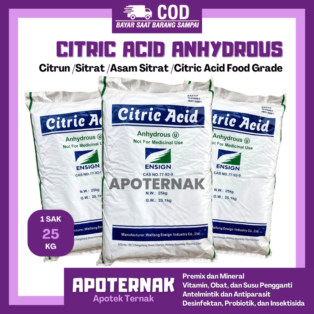 

CITRIC ACID ANHYDROUS 25KG 1SAK - Citroen Asam Sitrat - Asam Sitrun Food Grade