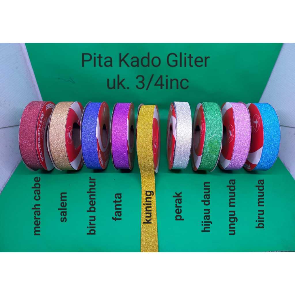 

Pita Kado Glitter Premium 3/4 Inch (2 cm) 13 Meter Roll - Warna Mengkilap untuk Hiasan Kado, Kuat & Fleksibel
