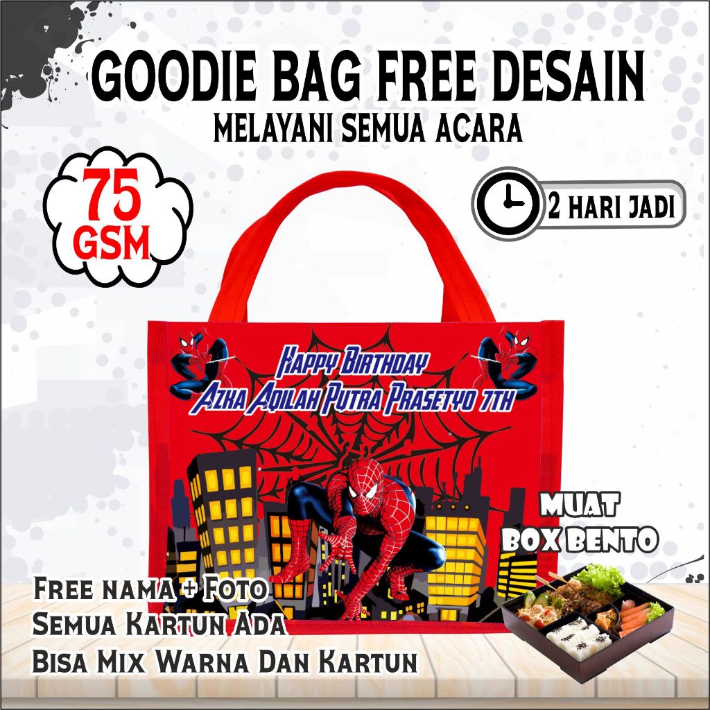 

TAS BENTO SPIDERMAN MUAT BOX BENTO-SOVENIR ULANG TAHUN MURAH DAN NGGAK RIBET-GOODIE BAG