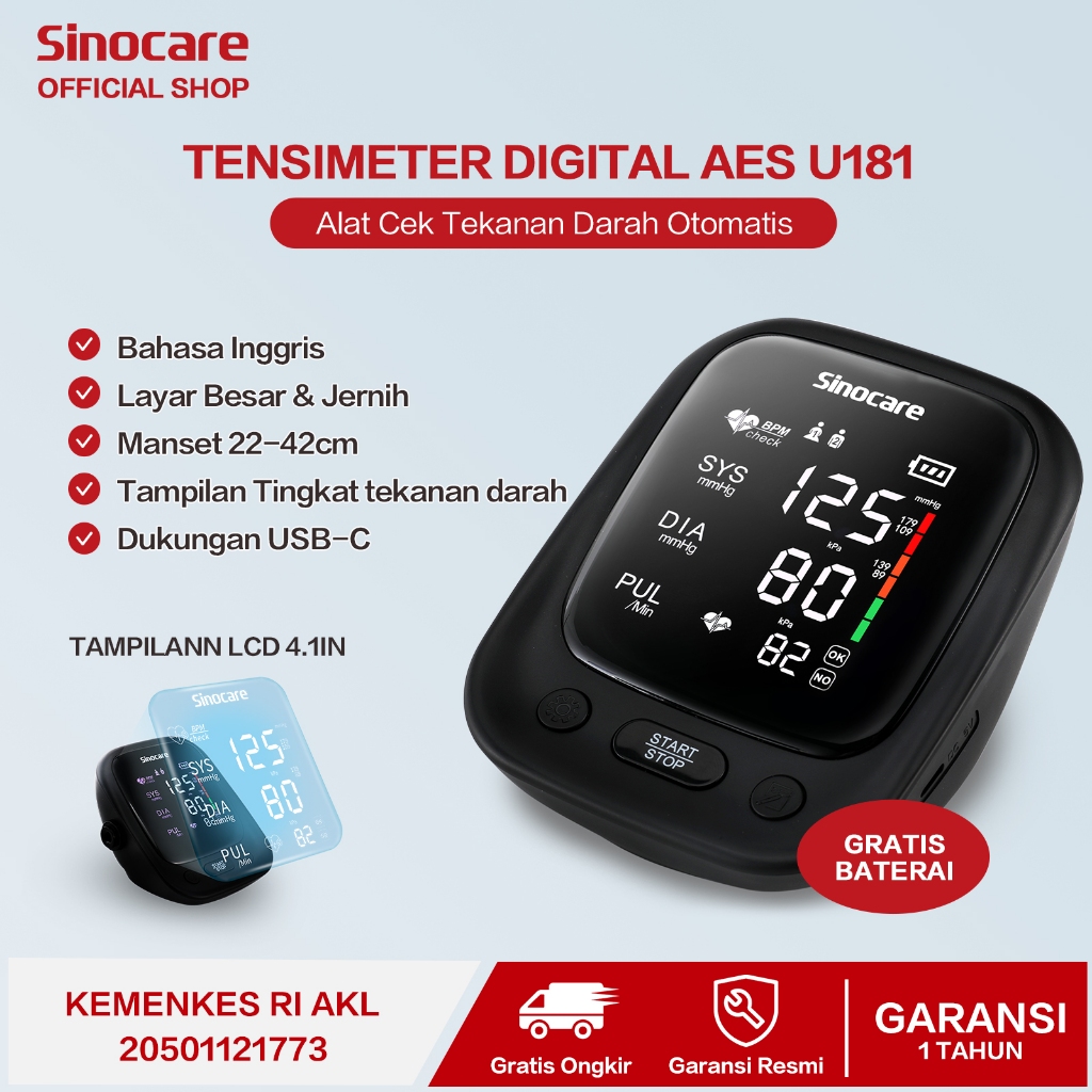 Alat Cek Tekanan Darah Otomatis Sinocare AES-U181 Tensi Meter Digital