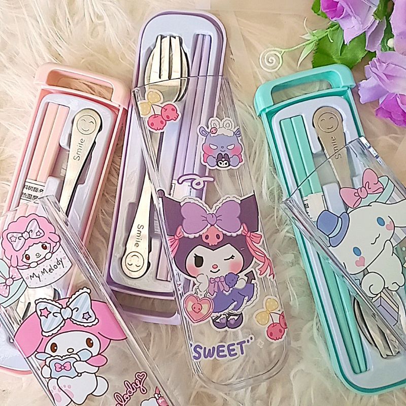 Set Alat Makan Karakter Sanrio My Melodi Cinamorol Kuromi Set Garpu Sendok Sumpit Karakter Lucu Sanr