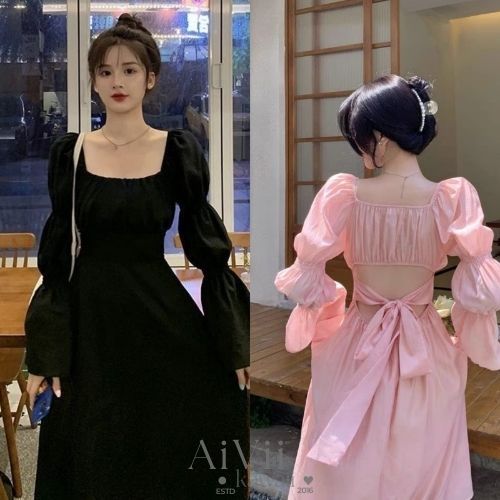 【AiVii】DRESS VINTAGE KOREA LONG DRESS PUFF SLEEVE BACK BOW