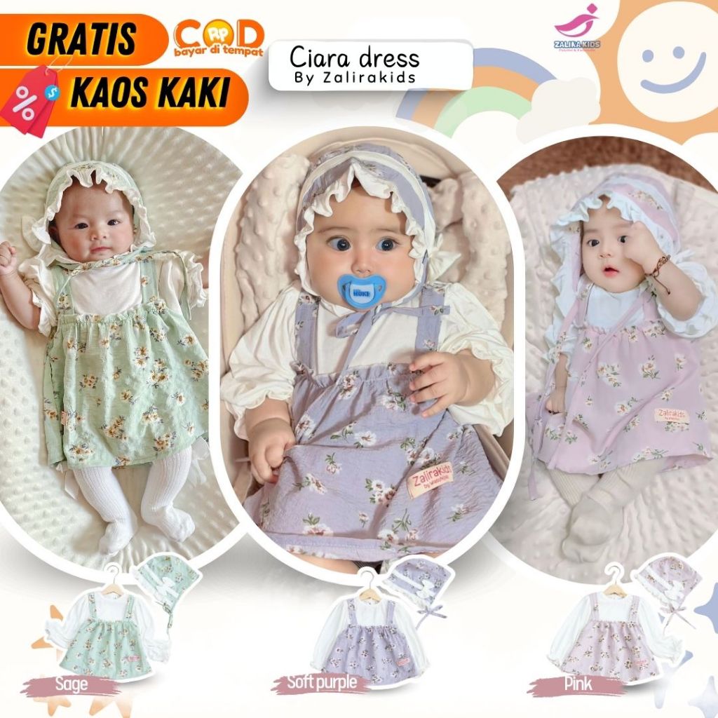 Baju bayi Perempuan Newborn UMUR 0 BULAN - 20 BULAN Ciara dress Set TOPI LUCU  One set Bayi newborn 