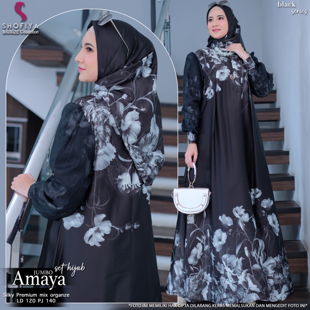 Amaya Baju Dress Gamis Pesta Kondangan Wanita Muslim Jumbo ld 120 Motif Bunga Mewah Elegan Premium