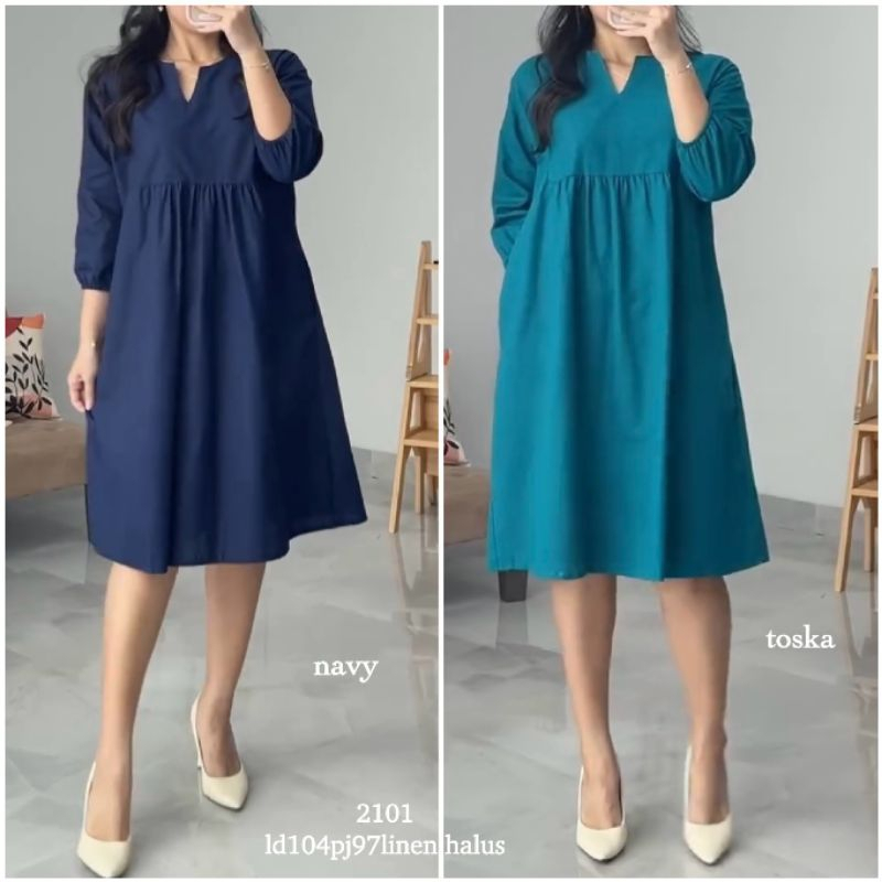 MIDI DRESS  SIMPLE LINEN POLOS WANITA|DRESS LINEN 2101
