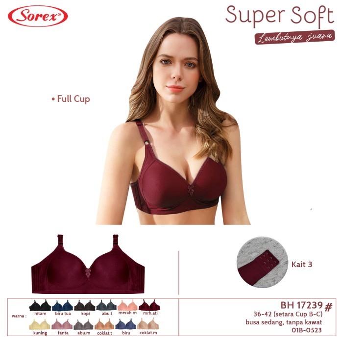 SOREX BH Bra17239 Tanpa Kawat Busa Tipis / BH Sorex Kait 3 Cup Besar big cup C 36-42 Super Soft