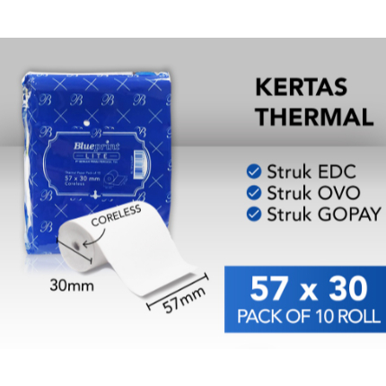 

Kertas Thermal BLUEPRINT Lite 57 x 30 , Kertas Struk Kasir PPOB 57x30 mm - 10 Roll