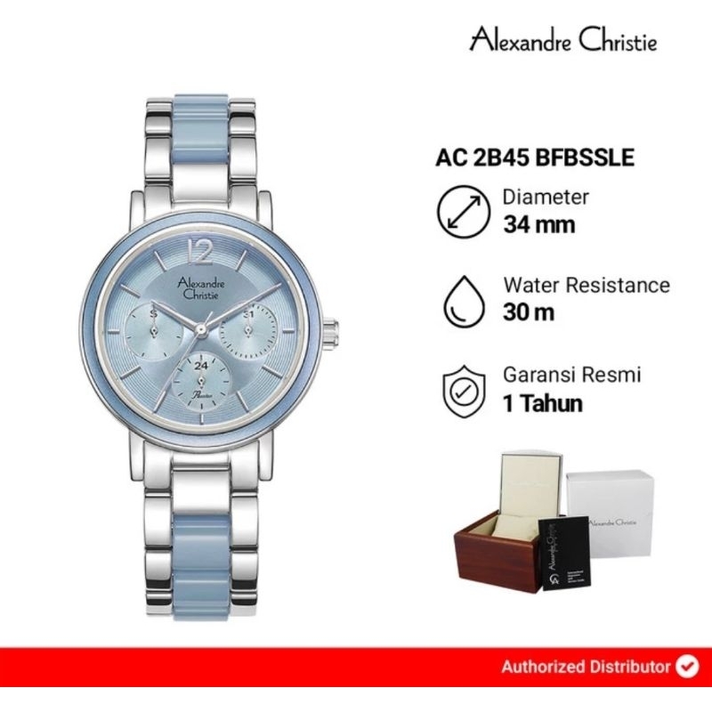 Jam Tangan Wanita Alexandre Christie Multifunction AC 2B45 BFBSSLE Blue Dial Silver Dual Tone Stainl