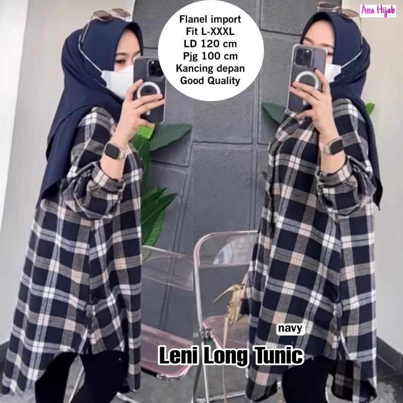 Atasan Kemeja Jumbo Leni Long Tunik Bahan Flanel Allsize LD120 By Ana Hijab