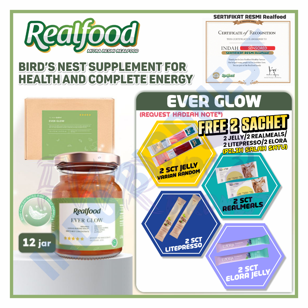 

Realfood Ever Glow 12 Jar Bird Nest | Minuman Sarang Burung Walet + Kurma Indo Birdnest
