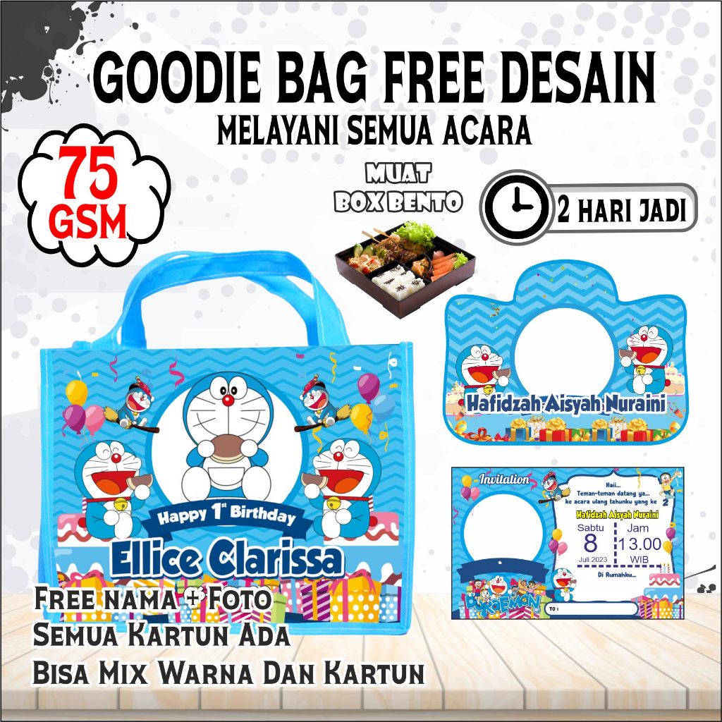 

PAKET TAS BENTO ULTAH 50 PCS/FREE DESAIN FOTO DAN NAMA/GOODIE BAG PAKET ULTAH/BER COSTUM KARAKTER DORAEMON