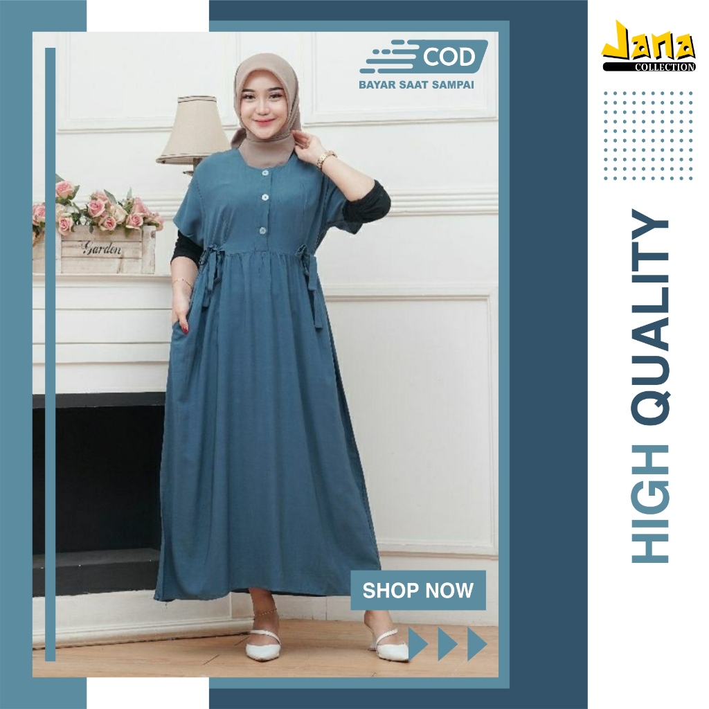DRESS DASTER MIDI TERBARU LENGAN PENDEK PANJANG DI ATAS MATA KAKI LEHER KOTAK KANCING DEPAN BUSUI FR