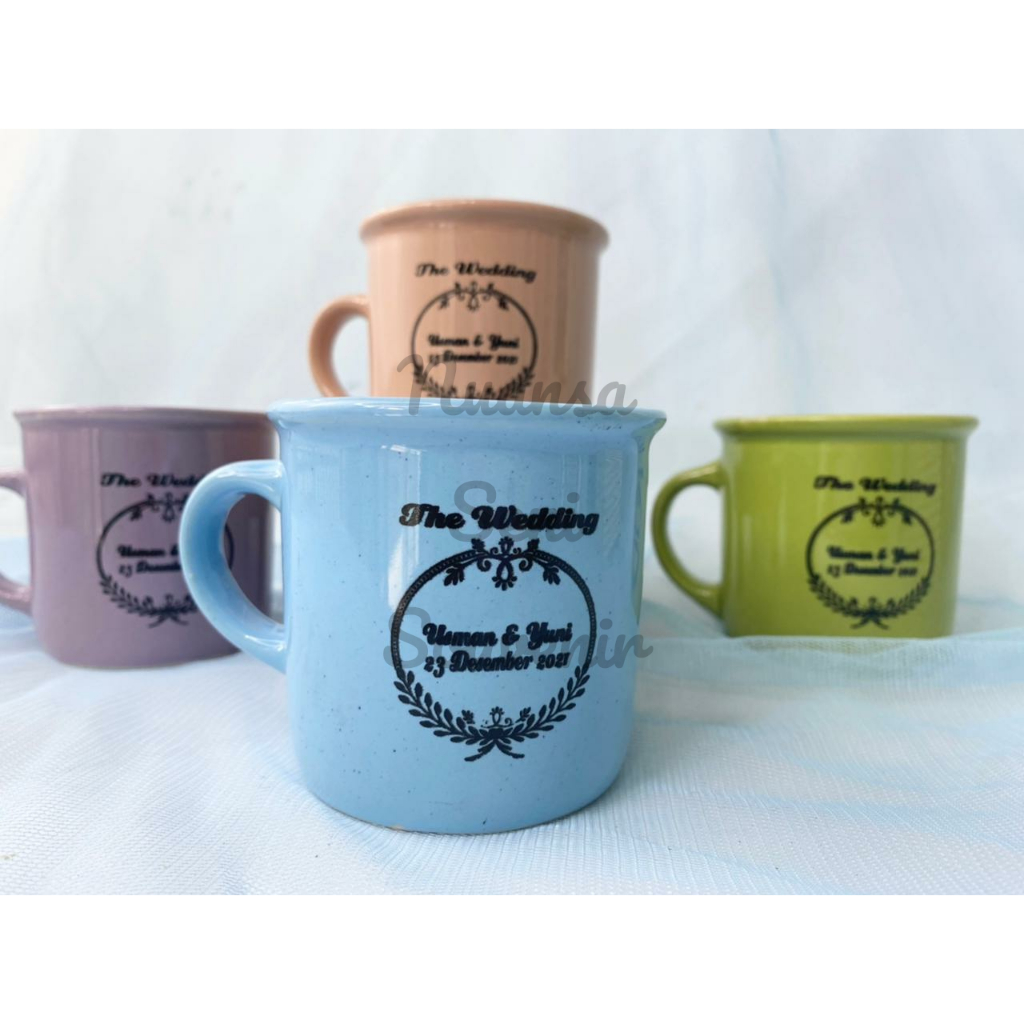 Souvenir Gelas Enamel Keramik Cangkir Kopi Gagang Warna Tumbler Mug Tea Custom Sablon