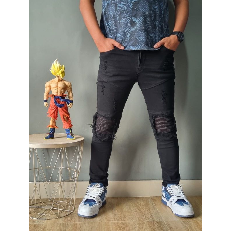 Celana Jeans Biker Pria Panjang Skinny Ripped /Celana Denim Pria Terbaru