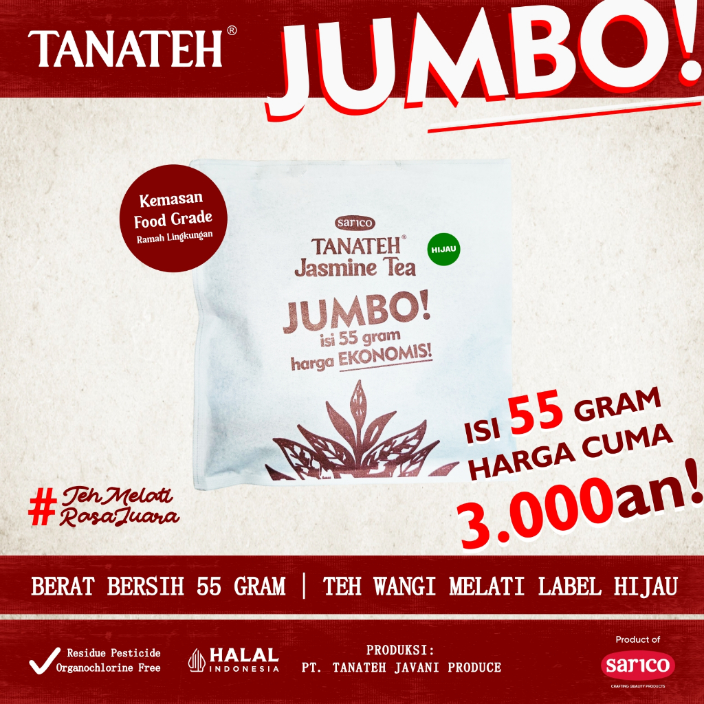 

TANATEH Jumbo Label Hijau - 55 gram | Javanese Jasmine Tea | Teh Tubruk Indonesia