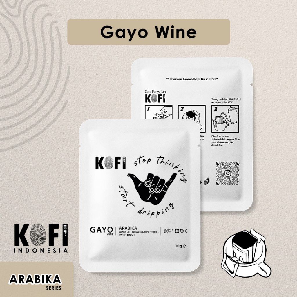 

Kopi Drip Bag, Kofi Arabika - Gayo Wine 10gram, kopi instan tanpa ampas