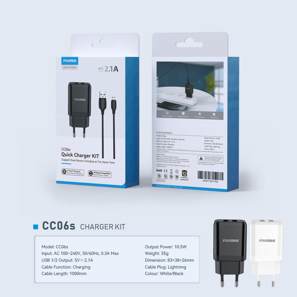 Foomee Charger CC06S 2.1 Dual Port Travel Charger 1M Lightning Iphone Cable Charging Black / White P