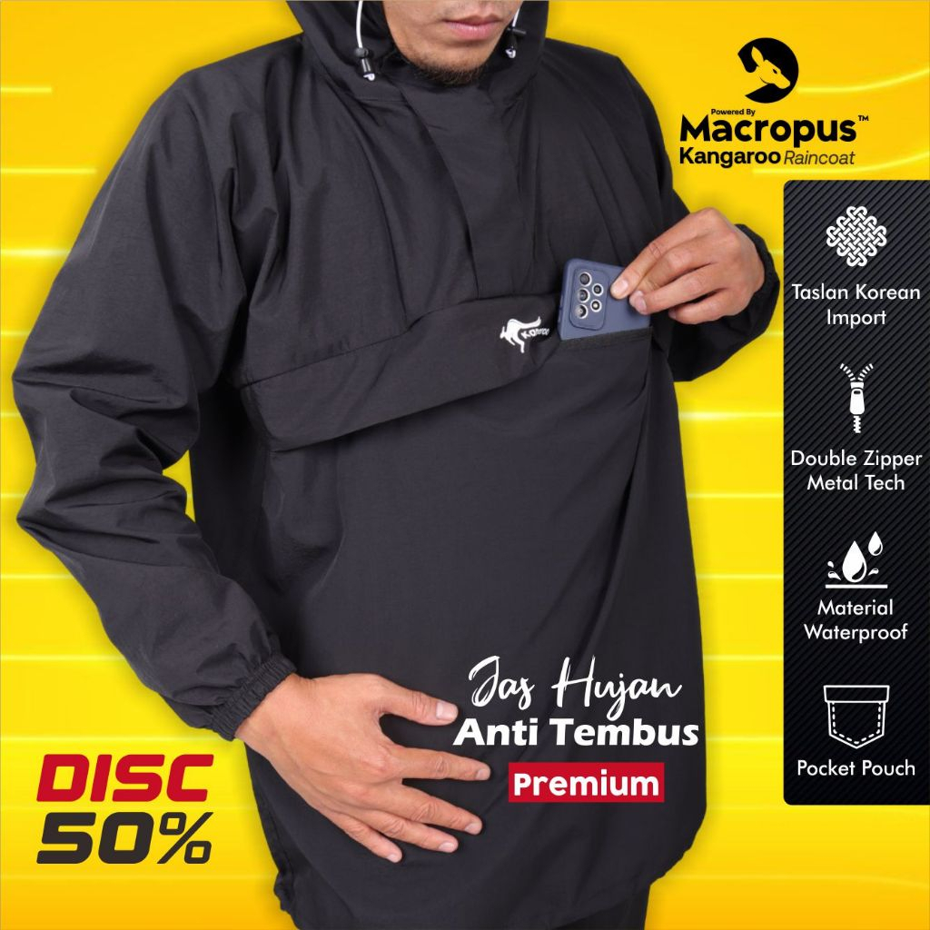 KANGAROO RAINCOAT Macropus Anti Tembus Jas Hujan Tebal Saku Kangguru Pria Wanita Dewasa Anti Air Bah