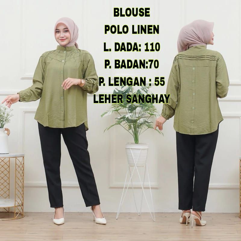 BAJU ATASAN WANITA BLOUSE POLO LINEN VARIASI REMPEL KANCING BELAKANG
