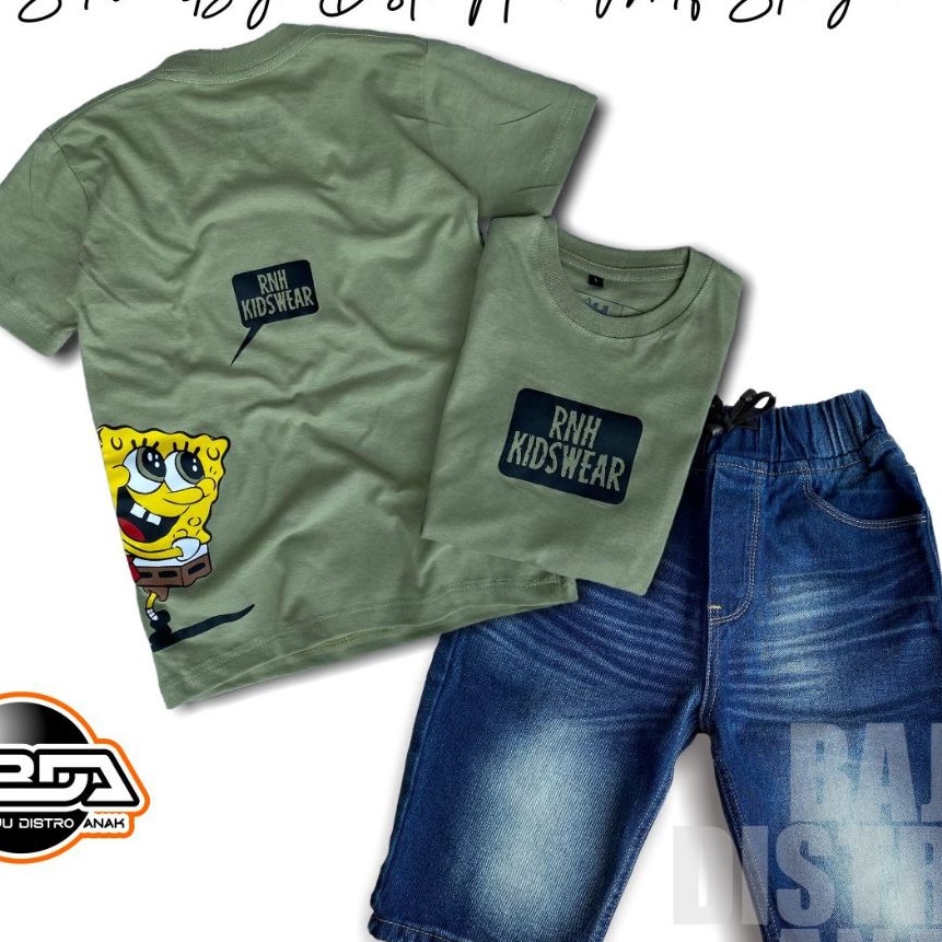 HJ6 Setelan Jeans Pendek Anak Dan Kaos Distro Bahan Katun Usia 312 Tahun  Motif Spongebob I Baju Dis